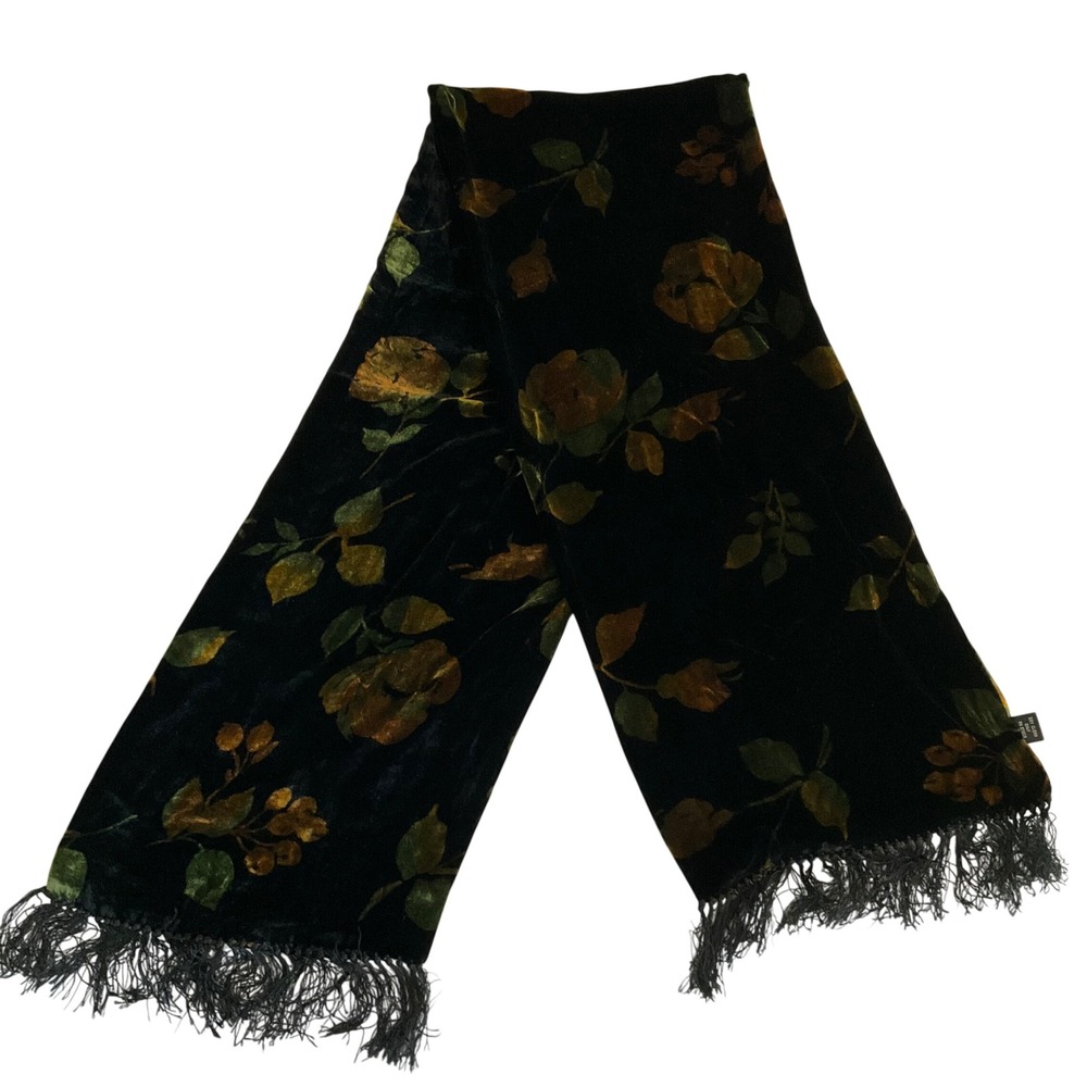 Unbranded Velvet Scarf Women OS Black Floral Silk Blend Fringed Burnout Wrap